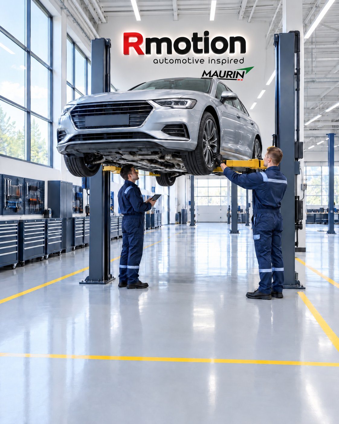 Taller de posventa Rmotion: mecánicos uniformados trabajando en un vehículo elevado en una nave amplia y limpia