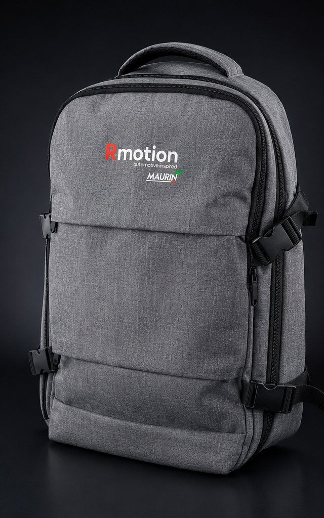 Mochila corporativa personalizada con los logotipos de Rmotion y Maurin