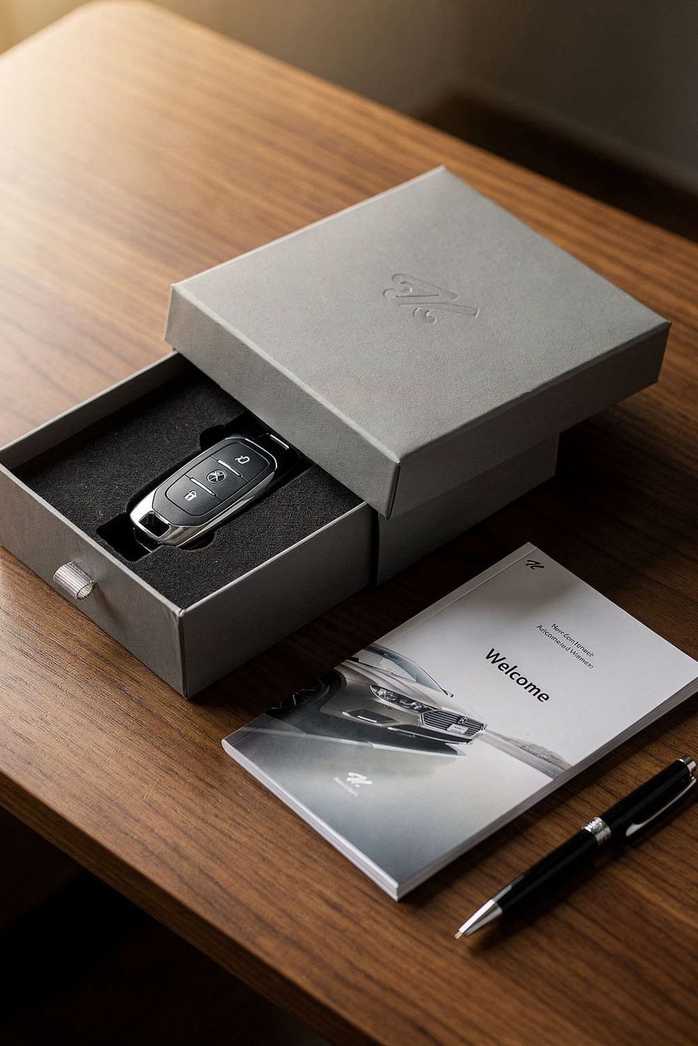 Estuche personalizado para llaves de vehículo con folleto de bienvenida