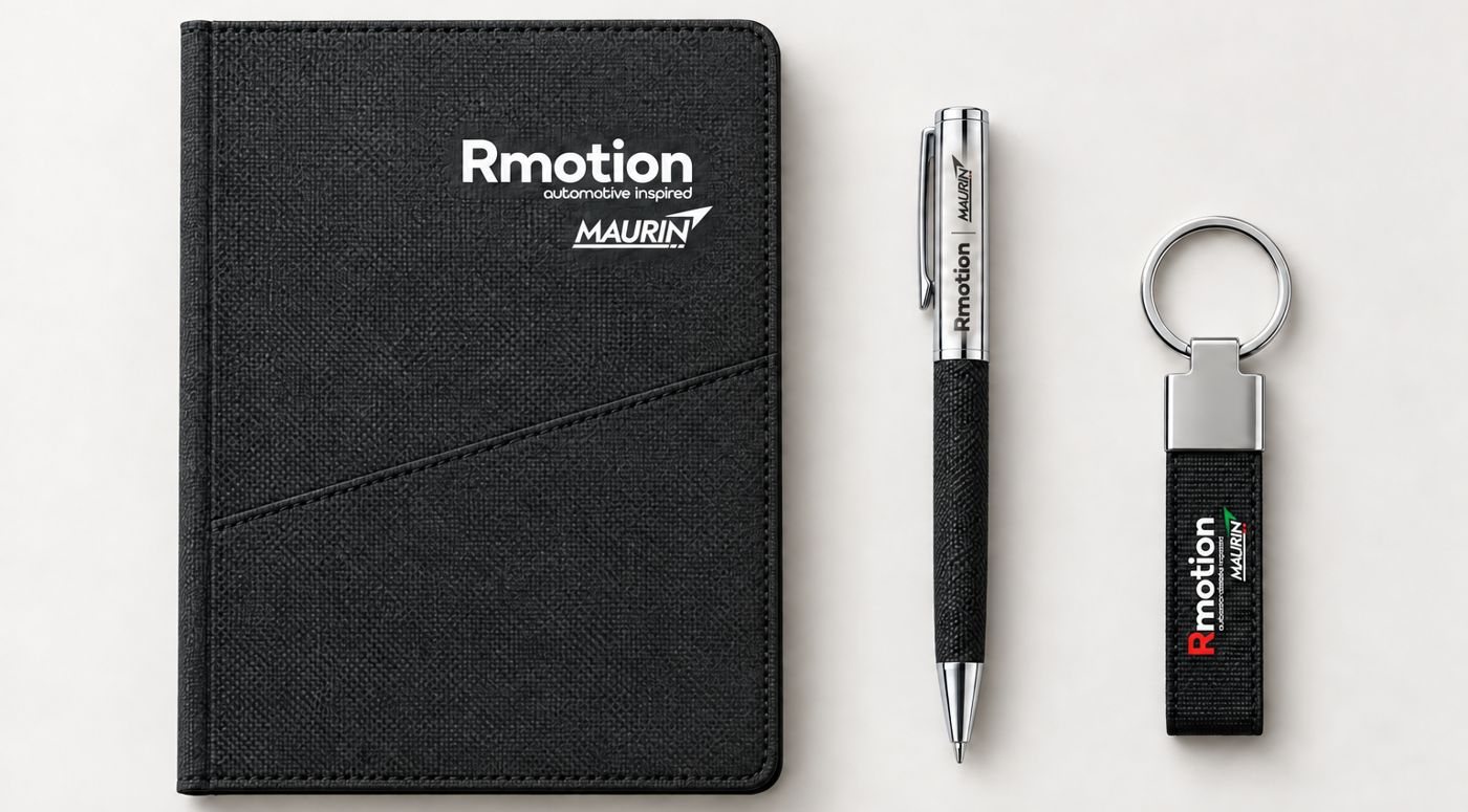 Set corporativo Rmotion: libreta, bolígrafo y llavero personalizados
