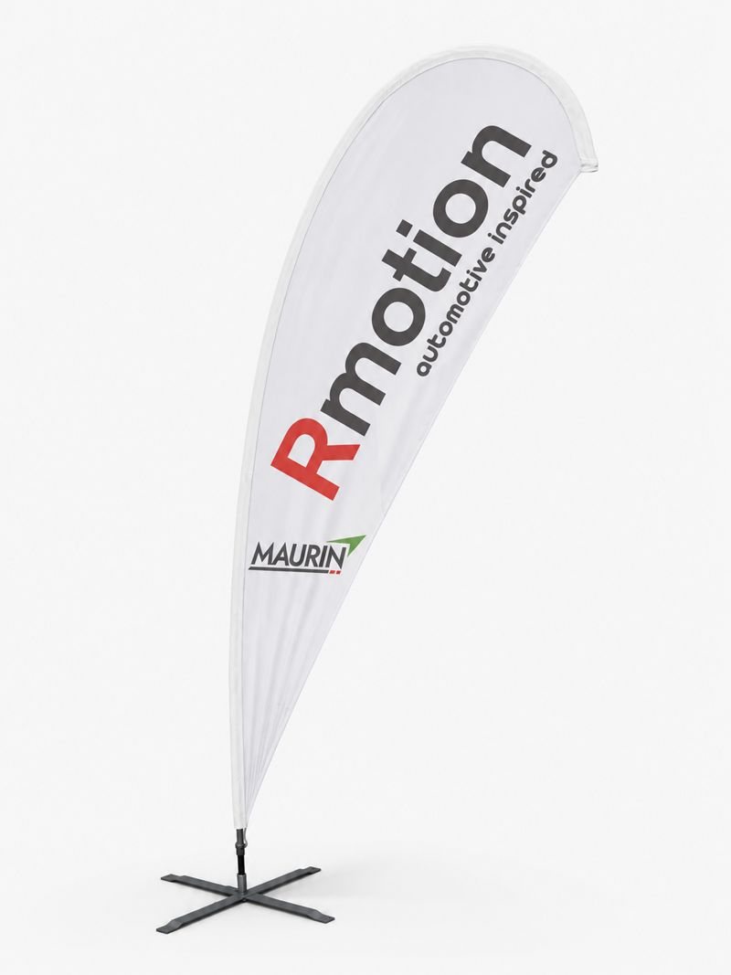 Banderola tipo gota con logotipo Rmotion y Maurin