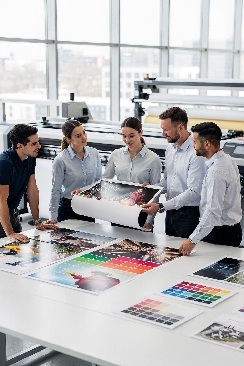 Equipo de José Freixas revisando pruebas de color de impresión en gran formato