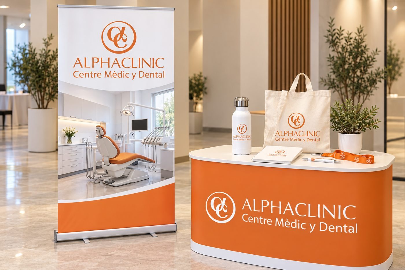 Roll-up, mostrador promocional y merchandising para Alphaclinic Centre Mèdic y Dental