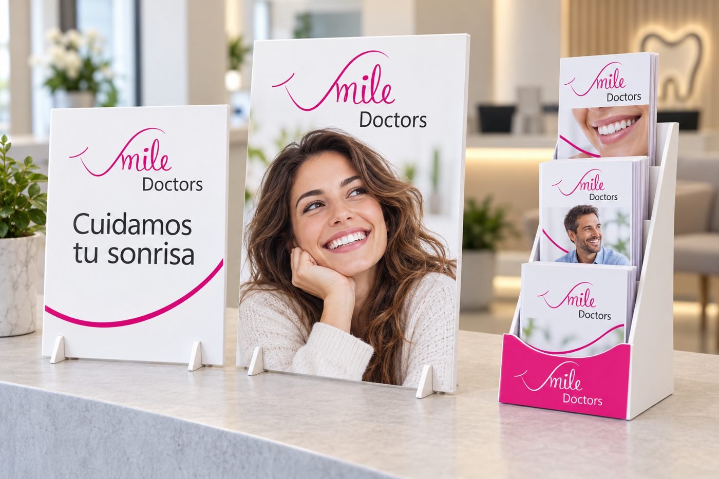 Displays de sobremesa y expositor de folletos Smile Doctors en recepción