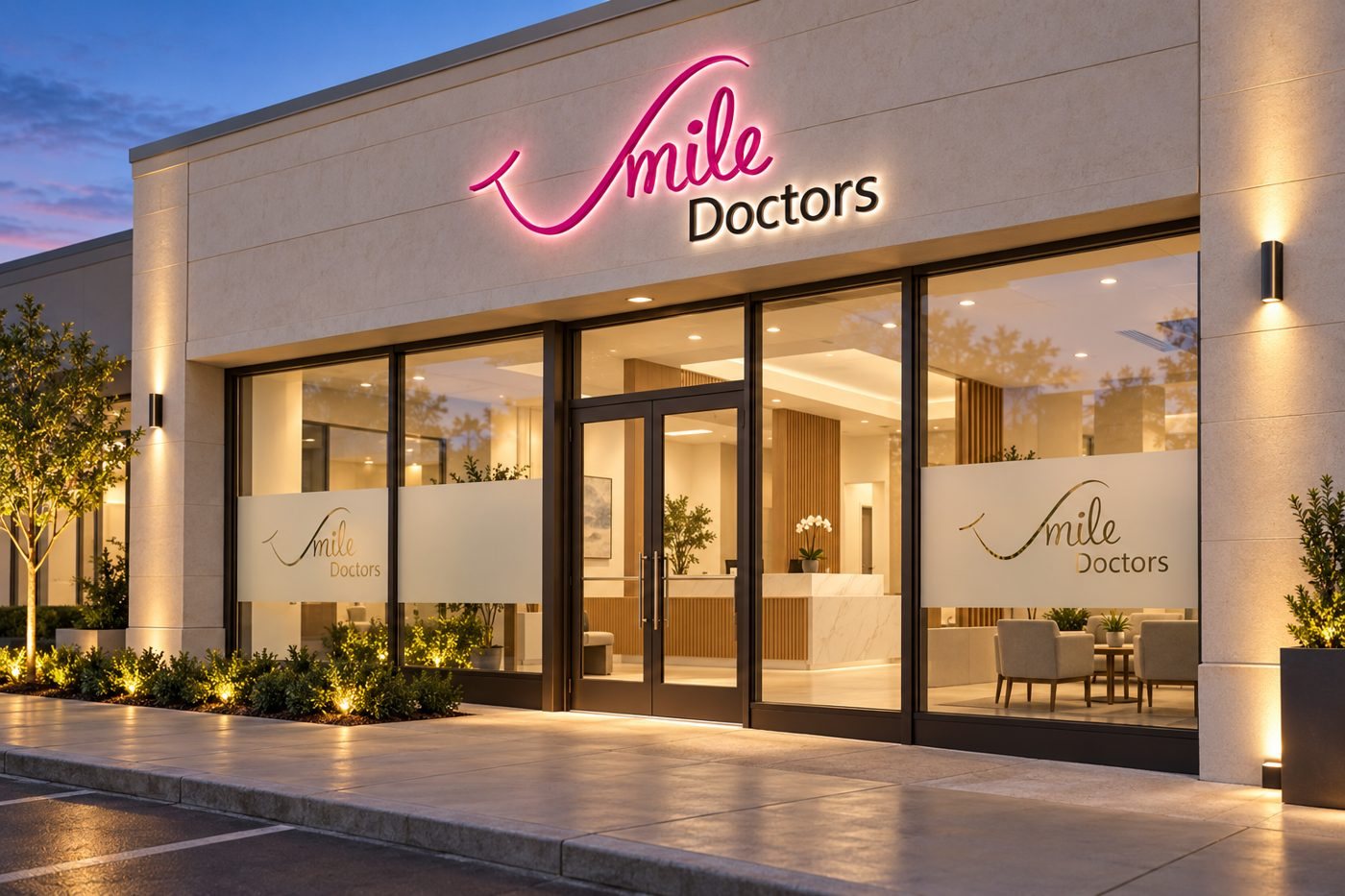 Fachada de clínica Smile Doctors con rótulo iluminado y vinilos al ácido en cristales