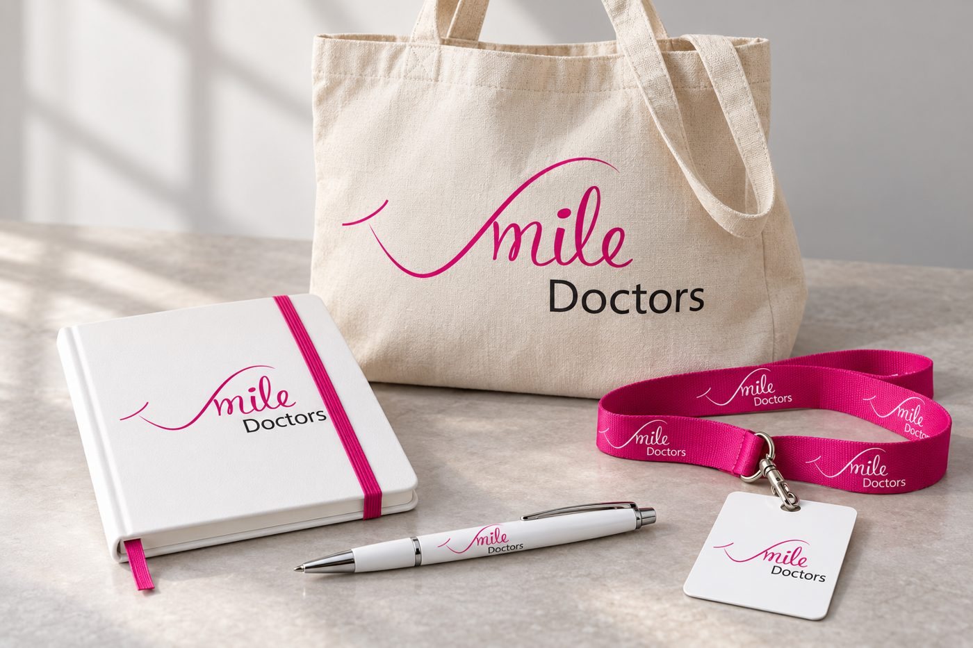 Merchandising Smile Doctors: bolsa de algodón, libreta, bolígrafo y lanyard con tarjeta
