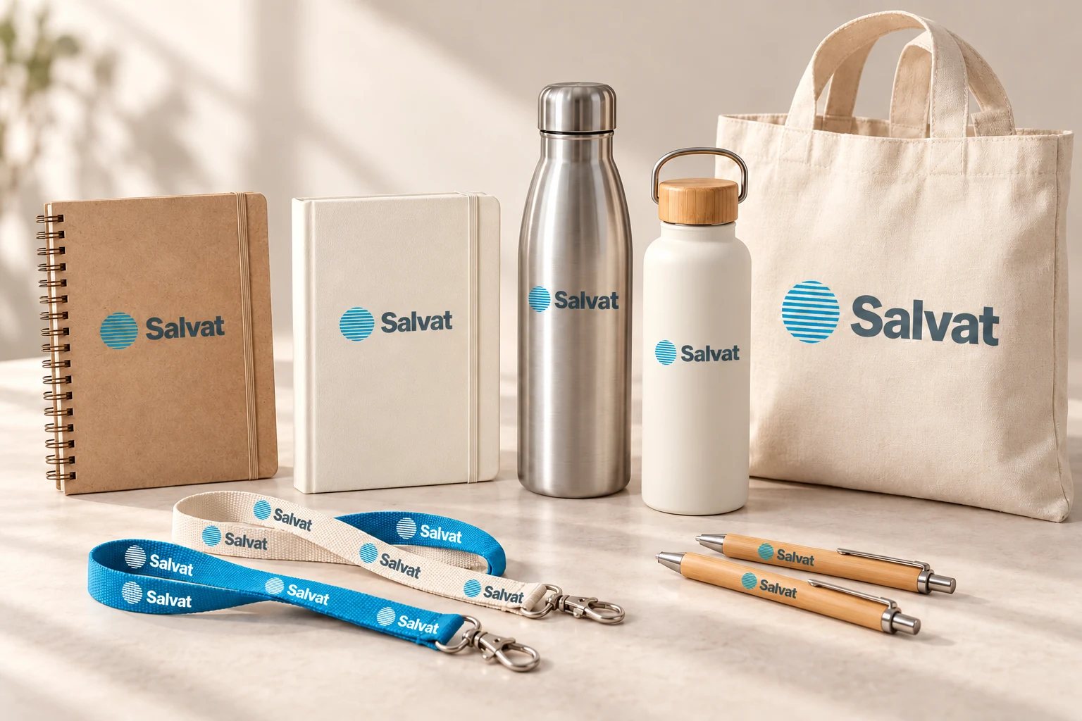 Propuesta de merchandising Salvat: libretas, agenda, botellas reutilizables, bolsa, lanyards y bolígrafos