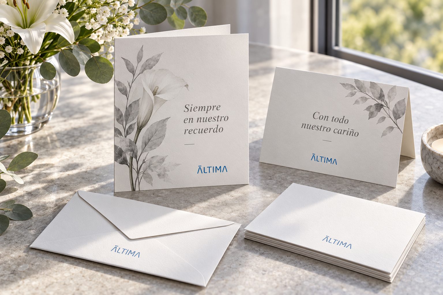 Recordatorios, tarjetas de condolencia y sobres personalizados Áltima